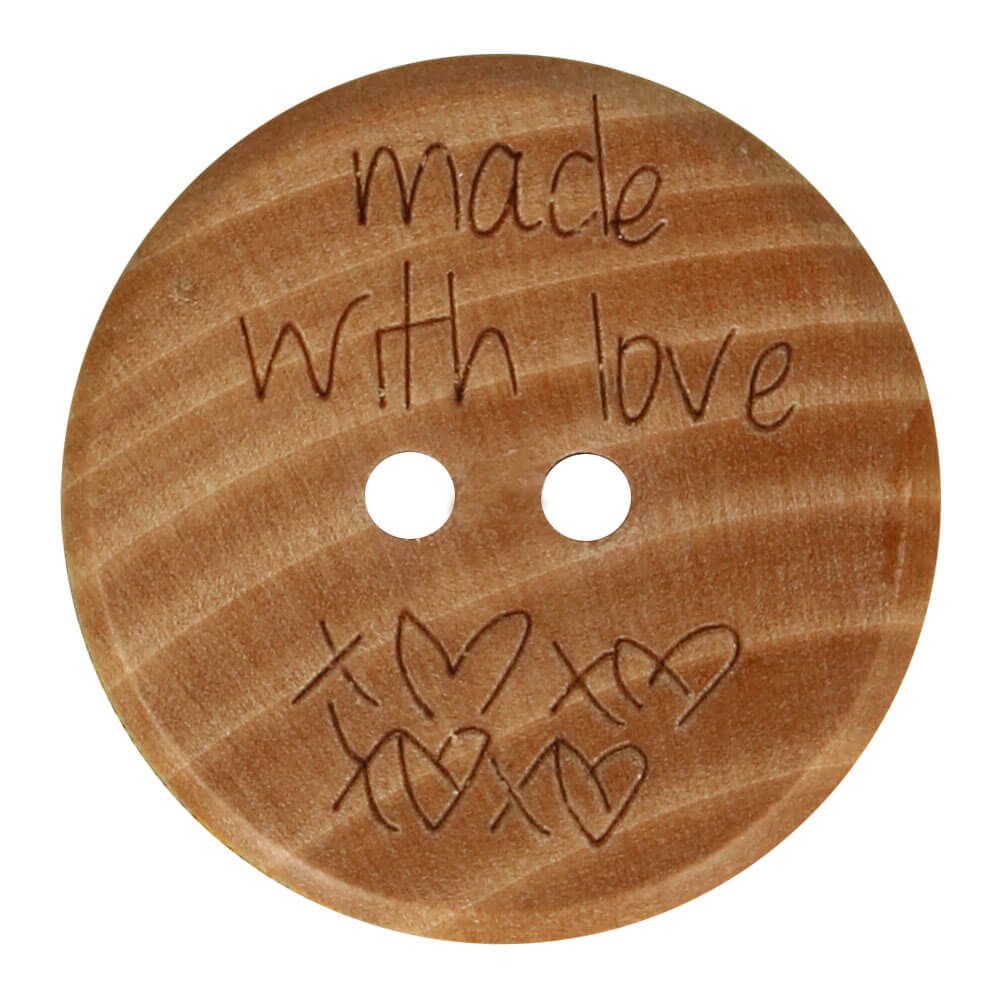 Holzknopf zum annähen mit dem Schriftzug Made with Love