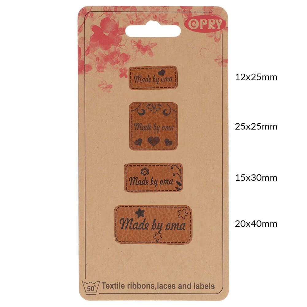 Vier Lederpatches in verschiedenen Größen mit dem Aufdruck Mady by Oma