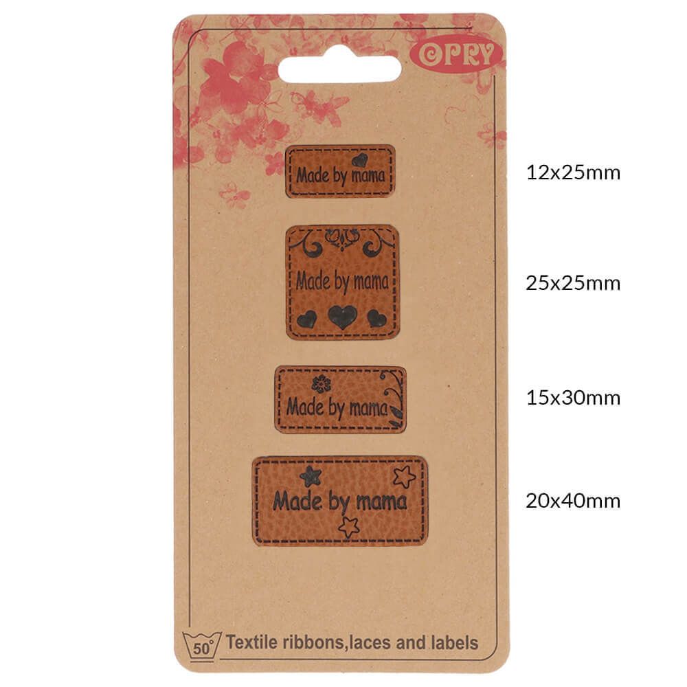 Vier Lederpatches in verschiedenen Größen mit dem Aufdruck Mady by Mama
