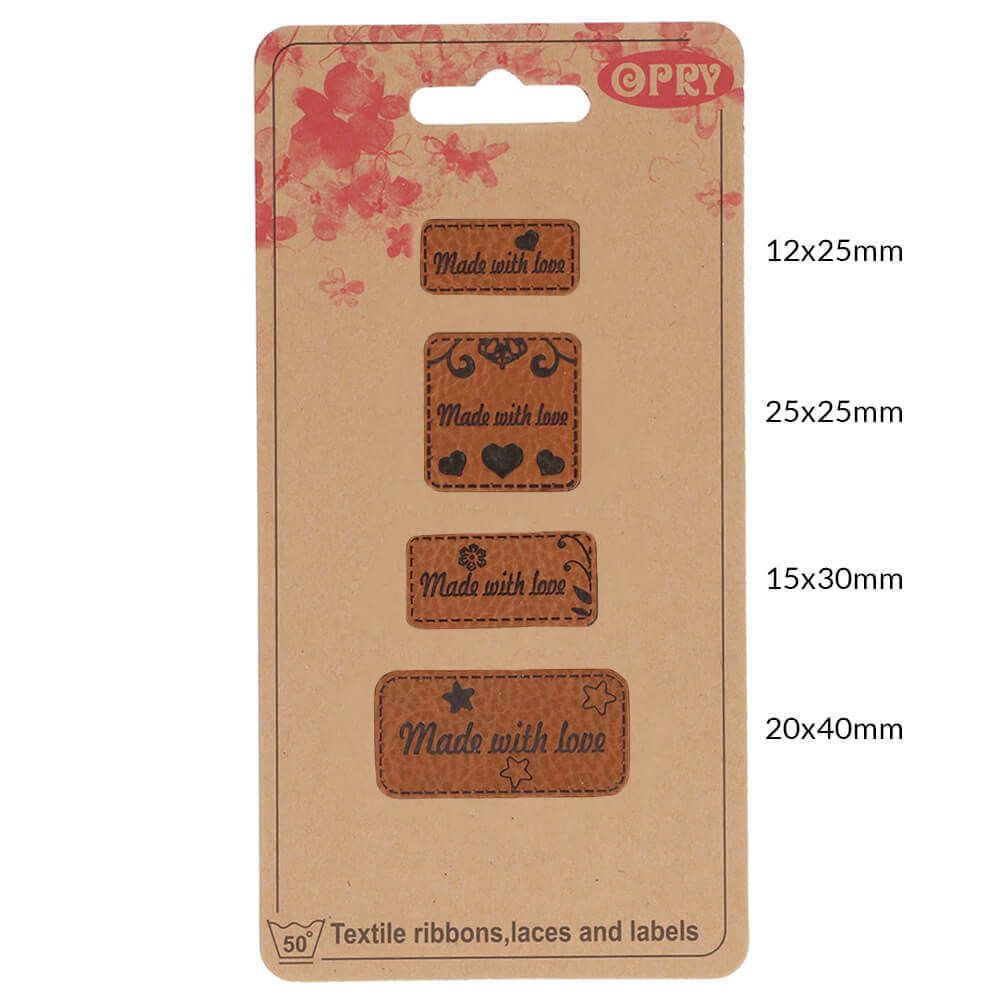 Vier Lederpatches in verschiedenen Größen mit dem Aufdruck Made with love